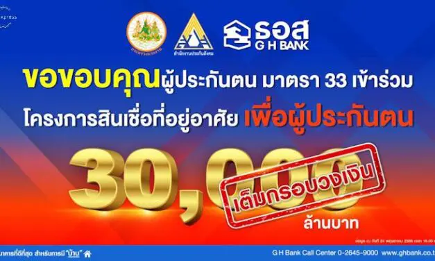 ธอส. ขอขอบคุณผู้ประกันตน มาตรา 33 ตอบรับโครงการสินเชื่อที่อยู่อาศัยเพื่อผู้ประกันตน หลังเต็มกรอบวงเงิน 30,000 ล้านบาทแล้ว