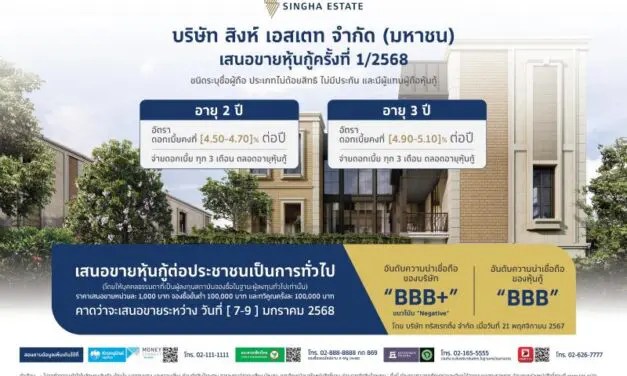 ‘สิงห์ เอสเตท’ เตรียมออกหุ้นกู้ชุดใหม่ 2 ชุด อายุ 2 – 3 ปี ชูอัตราดอกเบี้ย [4.50 – 5.10]% ต่อปี