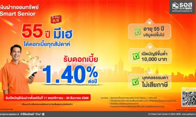 ธอส. ชูเงินฝากออมทรัพย์ “Smart Senior” รับผลตอบแทนทุกสัปดาห์ อัตราดอกเบี้ยสูง 1.40% ต่อปี