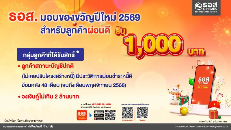 ลูกค้า เฮ! ธอส. มอบของขวัญปีใหม่ 2569 ผ่อนชำระดี รับเงิน 1,000 บาท