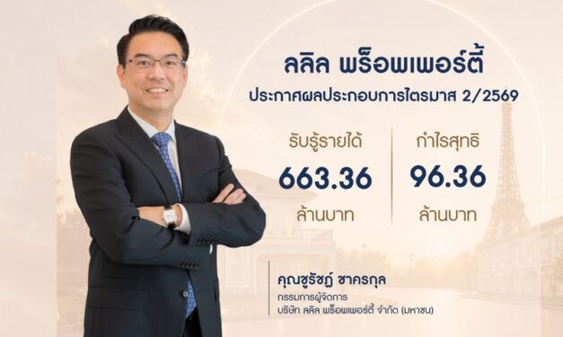 ลลิล พร็อพเพอร์ตี้ ประกาศผลประกอบการ ไตรมาส 2 ปี 2569 รับรู้รายได้ที่ 663.36 ล้านบาท กำไรสุทธิ 96.36 ล้านบาท พร้อมประกาศจ่ายปันผลระหว่างกาลที่ 0.11 บาท/หุ้น